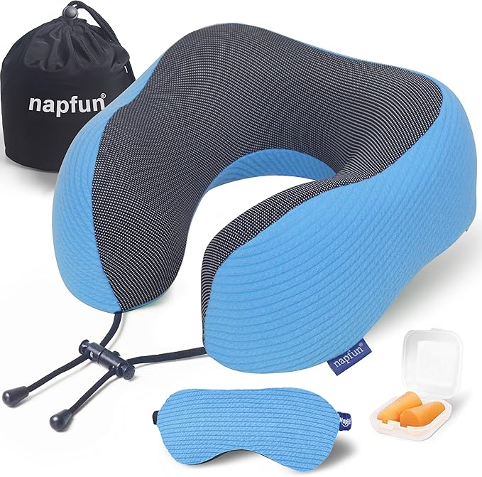 napfun Neck Pillow for Travel with Travel Pouch, Sleep Mask & Earplugs, Memory Foam Airplane Pillow for Headrest Sleep with Eyeshades, Plane Essentials with Eye Blindfold, Sky Blue Striped Kit