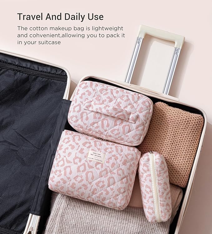 HBselect Quilted Makeup Bag, 3PCS Cotton Large Travel Makeup Bag, Cute Floral Coquette Make up Bag Cosmetic Bag Toiletry Bag for Women Girls