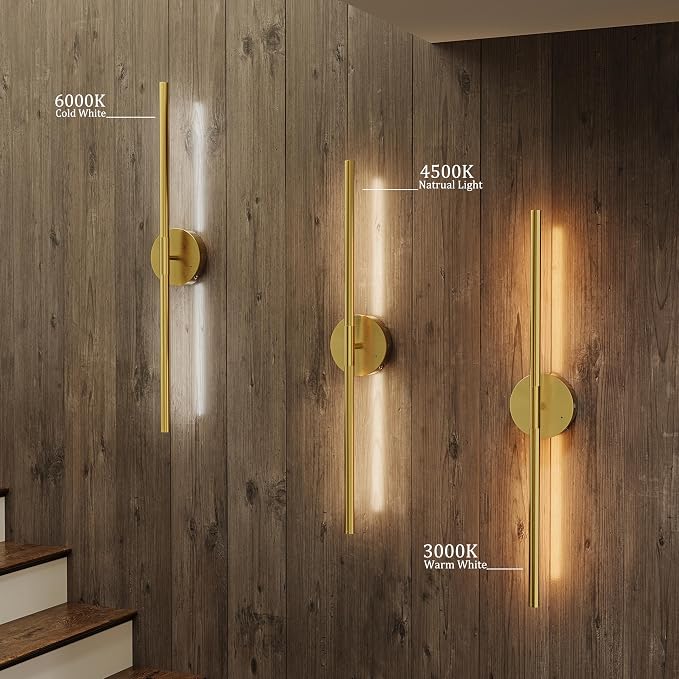 24" Battery Operated Wall Sconce Set of 2, 350° Rotating Lamp, Gold | Wireless, 8000mAh Rechargeable Battery, Stepless Dimming, 3000K-6000K, Remote & Touch Control, Timer, Living Room, Bedroom