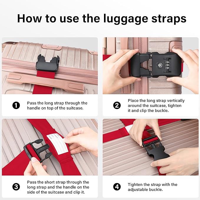 Luggage Straps, Red TSA Approved Luggage Strap Belt with Combination Lock for Suitcases, 2 Pack Adjustable Heavy Duty Cross Suitcase Straps with Name Tags for Travel, Carry On Bags, Protect Luggage