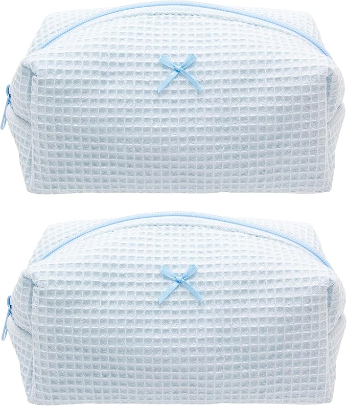 PAZIMIIK 2PCS Cozy Makeup Bag Travel Cosmetic Bag for Women Soft Toiletry Bag Aesthetic Makeup Organizer Portable Large Zipper Pouch for Skincare Beauty Accessories Brushes Waffle Check Blue