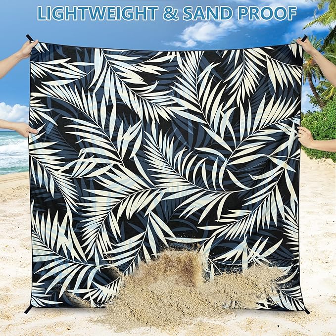 HIHOHO Beach Blanket Waterproof Sandproof Beach Mat 79”x 83” for 1-8 Adults Quick Drying Durable Outdoor Picnic Mat for Beach Festival Travel Camping Hiking (BK&W-Palm, 79"×83"(4 Person))
