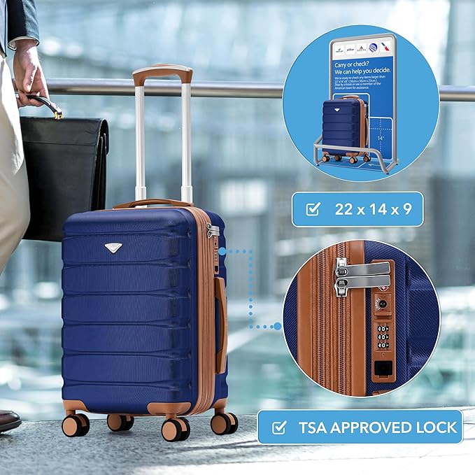 Flight Knight 22x14x9" Expandable Carry On Suitcase Hardside TSA Lock USB C Port Lightweight Luggage Silent Double Spinner Wheels Maximum Overhead Carry-On Bag For American & United Approved Airlines