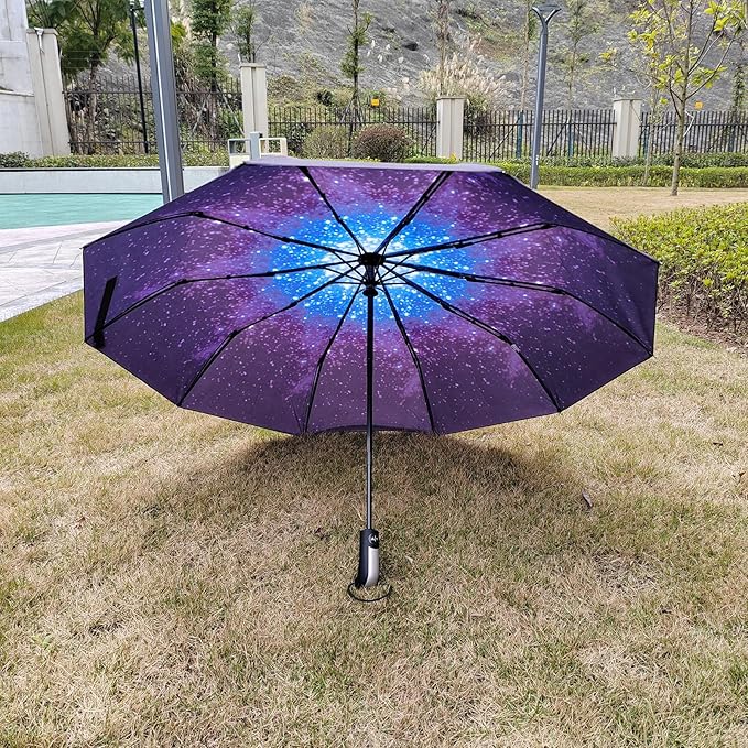 TradMall Travel Umbrella Windproof with 46 Inches Large Canopy 10 Reinforced Fiberglass Ribs Ergonomic Handle Auto Open & Close, Starry Sky
