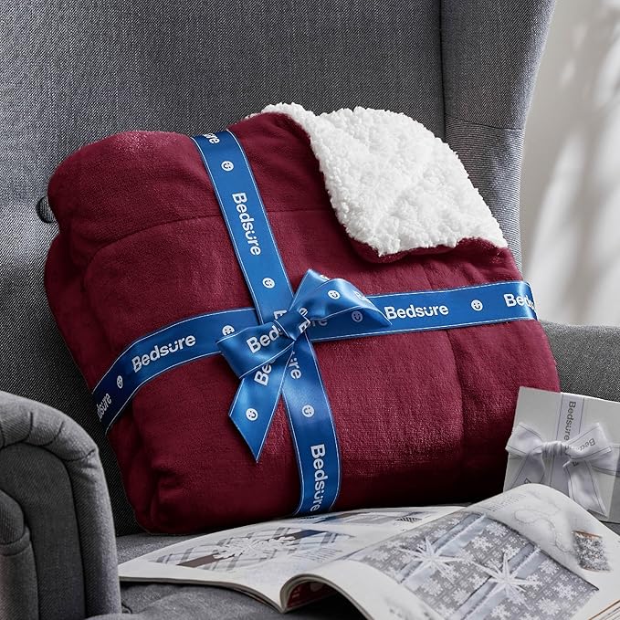 Bedsure GentleSoft Sherpa Fleece Blanket Queen Size for Bed, Non-Heated, Thick and Warm Throw for Girls and Women, Soft Fuzzy Plush Queen Blanket for Winter, Burgundy, 90x90 Inches