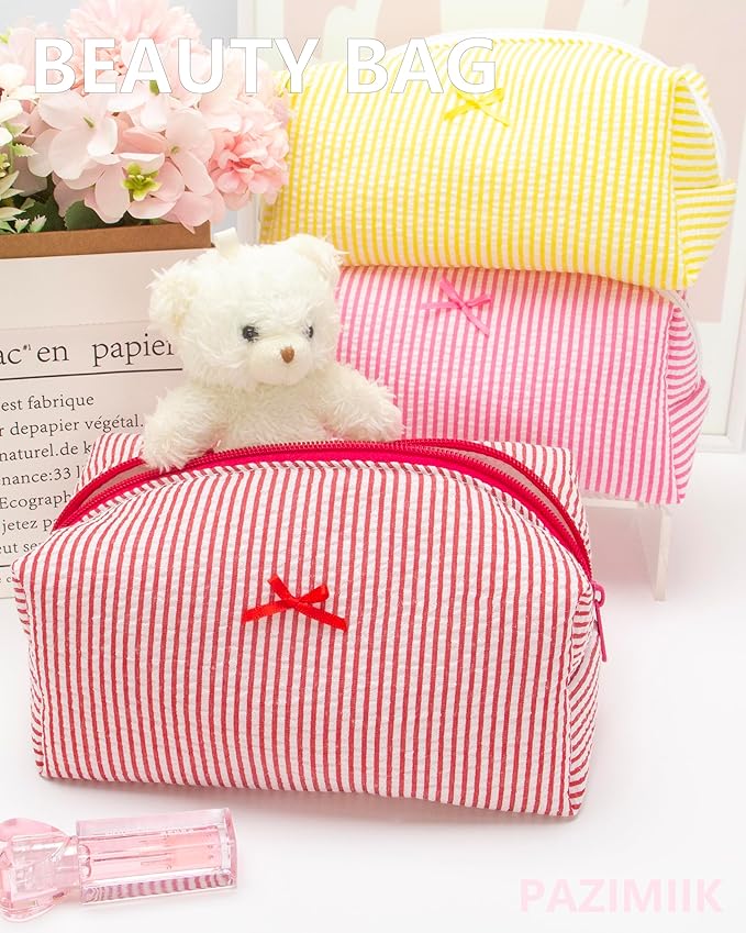 PAZIMIIK 6PCS Cozy Makeup Bag Small Aesthetic Travel Zipper Cosmetic Pouch for Women Make Up Beauty Accessories Brushes, Stripe Red