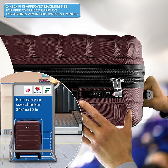 Flight Knight 24x16x10 Expandable Carry On Suitcase Hardside TSA Lock USB C Lightweight Luggage Silent Double Spinner Wheels Maximum Overhead Carry-On Bag For Virgin South West Approved Burgundy