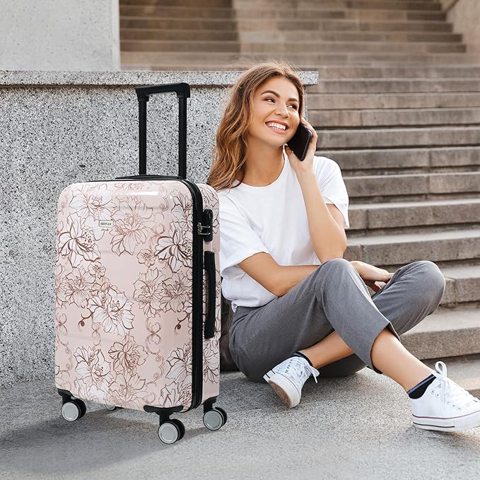 Merax 5 Piece Luggage Set with Spinner Wheels, Lightweight Printing Suitcase Set 8/14/20/24/28 inches, Durable Carry on Luggage with Handbag and Cosmetic Case Suitable all Ages,Pink Flower
