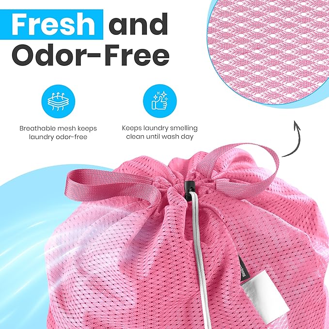 Large Mesh Laundry Bags - Heavy Duty with Handles & Drawstring - Machine Washable Net Laundry Sacks for College Dorm, Camp, Travel, Bedding & Clothes Storage (Pink)