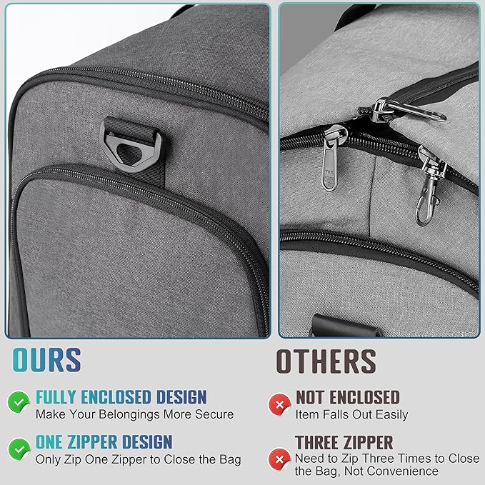 HILOMON Convertible Duffle Bags for Travel Carry On Suit Duffle Bags with Shoulder Strap 2 in 1 Hanging Garment Duffle Bag for Men Women (Gray Mesh Storage)