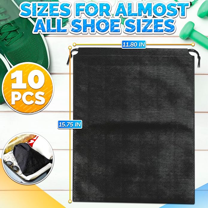 10 Pcs Travel Shoe Bags for Packing in Suitcase – 15.75” x 11.80” Lightweight Breathable Drawstring Shoe Bags for Storage – Dust-Proof Organizer for Sneakers, Heels, Sandals, Gym and Dance Shoes
