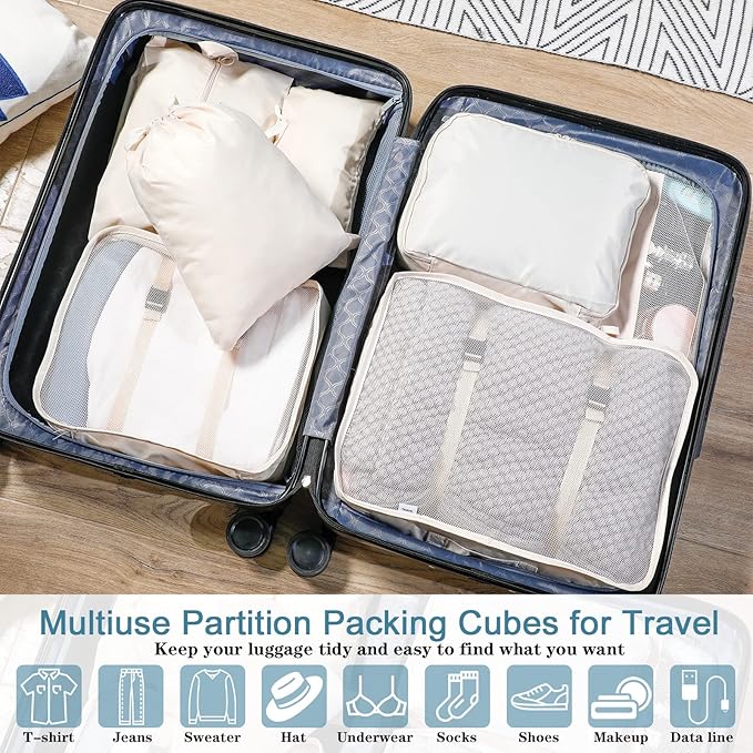 28 Pcs Packing Cubes Packing Organizers Luggage Organizer Bags Foldable Travel Luggage Cubes Suitcases Organizer Bags (Light Color)