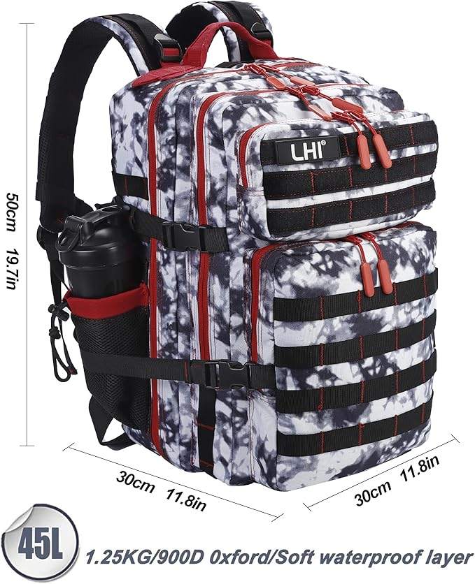 LHI Military Tactical Backpack for Men and Women 45L Army 3 Days Assault Pack Bag Large Rucksack with Molle System Black and white