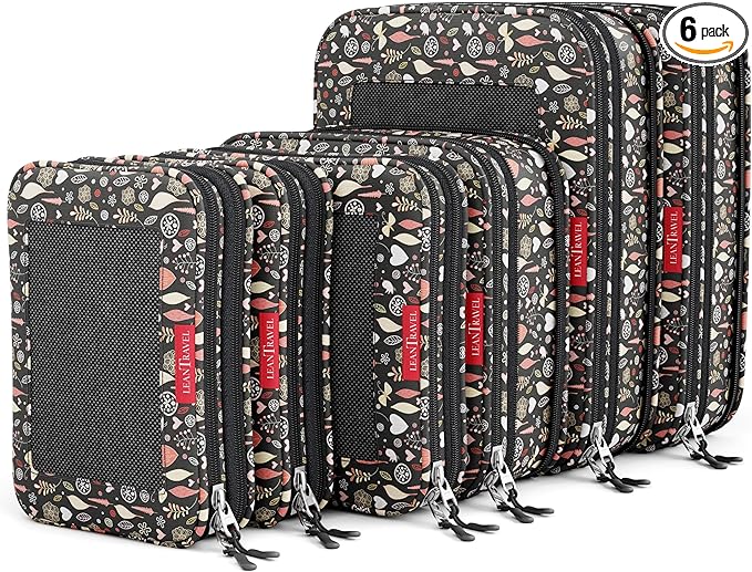 LeanTravel Premium Compression Packing Cubes for Travel - Suitcase Organizer Bags with Double Zipper & Breathable Mesh Panel - Space Saving Carry On Luggage Essentials (6-Pack, Flowers)