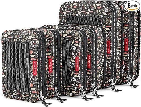 LeanTravel Premium Compression Packing Cubes for Travel - Suitcase Organizer Bags with Double Zipper & Breathable Mesh Panel - Space Saving Carry On Luggage Essentials (6-Pack, Flowers)