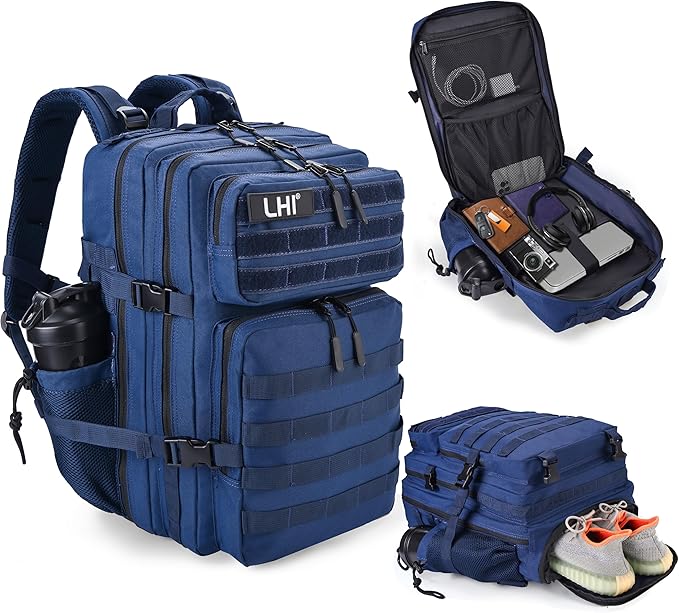 LHI Military Tactical Backpack for Men and Women 45L Army 3 Days Assault Pack Bag Large Rucksack with Shoe Compartment - Black and White