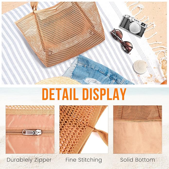 Beach Bags for Women, Summer Travel Mesh Tote Bag with Large Inner Pocket, Sandproof Woven Shoulder Handbag