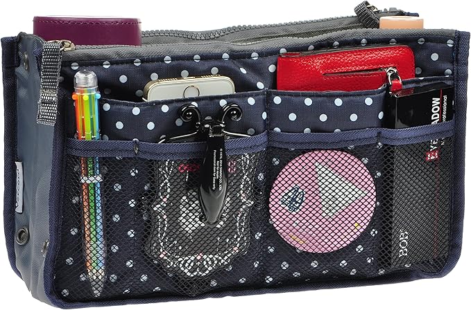 Vercord Purse Organizer Insert for Handbags Bag Organizers Inside Tote Pocketbook Women Nurse Nylon 13 Pockets Navy Blue Dot Large