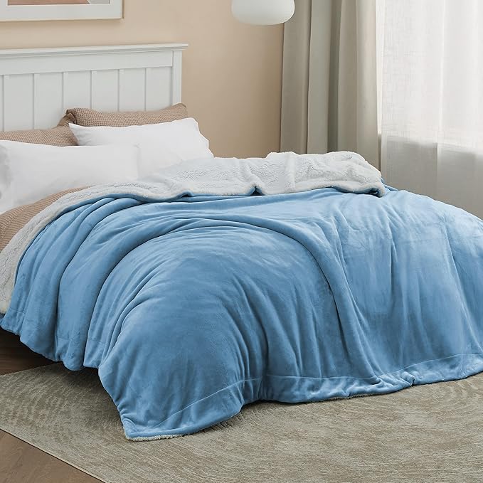 Bedsure GentleSoft Sherpa Fleece Blankets King Size for Bed, Non-Heated, Thick and Warm Throw for Women and Men, Soft Fuzzy Plush King Blanket for Winter, Washed Blue, 108x90 Inches
