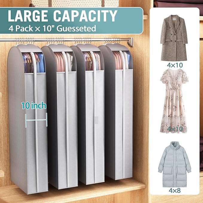 Liuoud 10" Gusseted Garment Bags for Hanging Clothes with clear window, 60" Suit Bags for Open Closet Storage, Clothing Cover for Coat, Dress, Jacket, Shirt, Fur Wardrobe Protector, 4 Packs