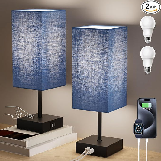 Touch Bedside Table Lamp for Bedroom, 14-Inch, Navy Blue Set of 2 | USB A+C Ports, Touch 3-Way Dimmable LED Bulb Included Fabric Lampshade Metal Base Small Nightstand Lamp for Desk Living Room