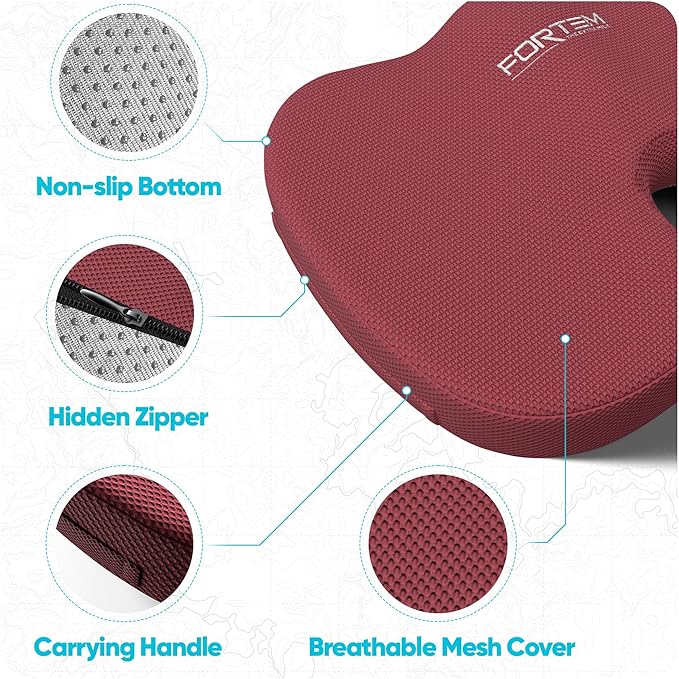 FORTEM Seat Cushion, Office Chair Cushion, Desk Chair Memory Foam, Sciatica Coccyx Tailbone Pain Relief, Pressure Relief, Sitting Pad, for Long Gaming & Sitting, Washable Cover, Non Slip