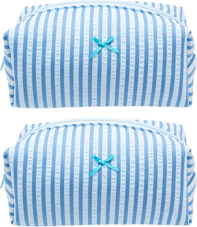 PAZIMIIK 2PCS Cozy Makeup Bag Small Aesthetic Travel Zipper Cosmetic Pouch for Women Make Up Beauty Accessories Brushes, Stripe Lake Blue