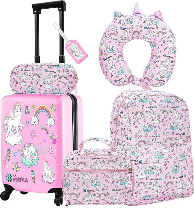 Redbaker 17 Inch 6 Pcs Kids Luggage Set Kids Rolling Luggage Double Pattern Suitcase for Boys Girls (Soft Pink, Unicorn)
