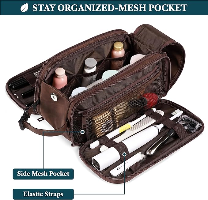 PAVILIA Toiletry Bag for Men Women, Mens Travel Bag Toiletries Organizer Case for Grooming, Travel Essentials Shaving Dopp Kit, PU Leather Water Resistant Cosmetic Pouch, Dark Brown