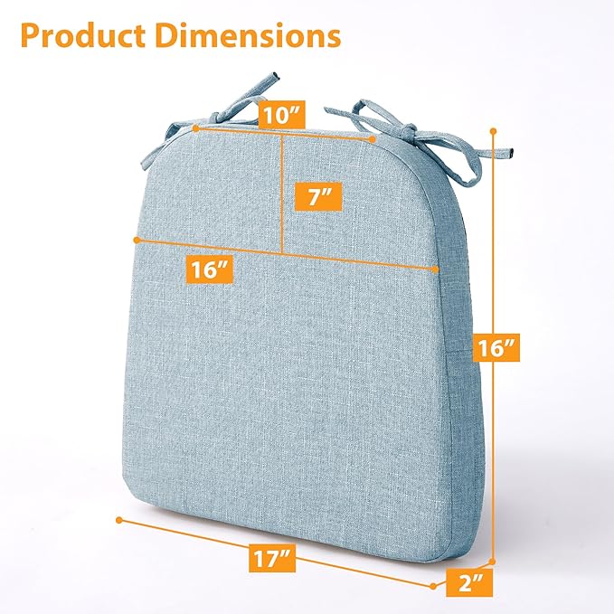 Chair Cushions for Dining Chairs, 2" Thick Seat Cushions for Kitchen Chairs, D-Shaped Chair Pads with Washable Cover, Ties and Non Slip Backing, 17'' x 16'', Set of 4, Light Blue