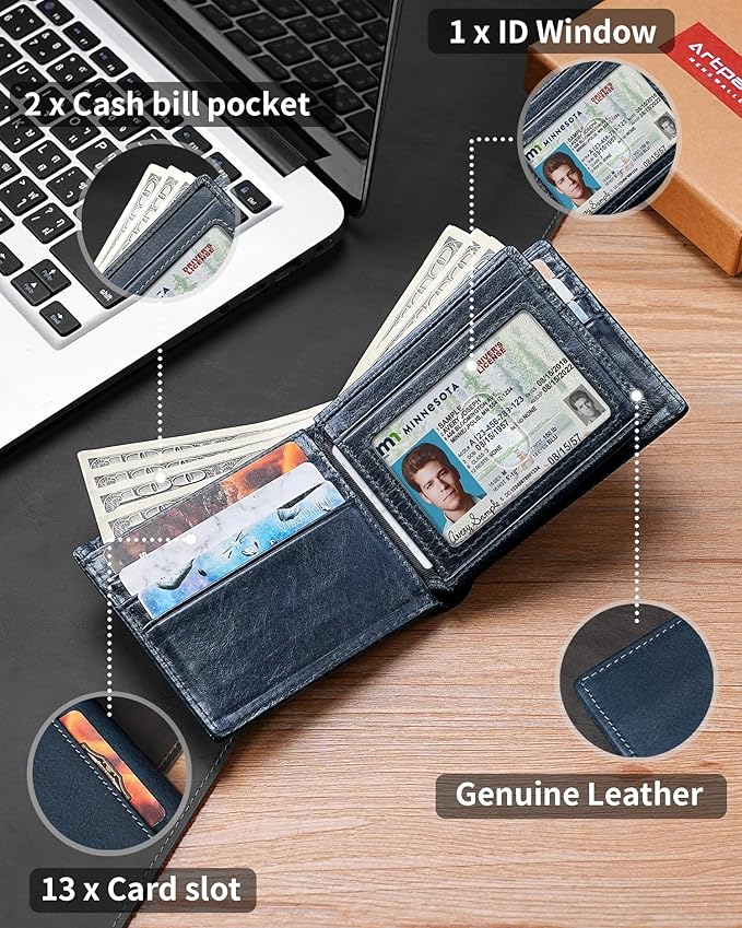 Artpaxy Mens Wallet Bifold Genuine Leather RFID Blocking Wallet for Men with 1 ID Windows 13 Card Holders 2 cash pockets 1 Gift Box