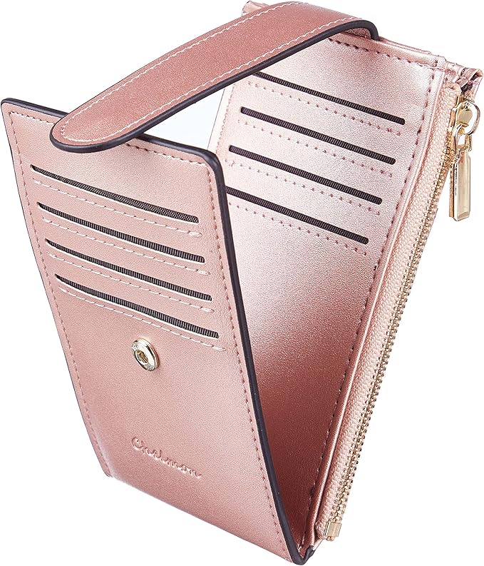Chelmon Womens Wallet Slim RFID Blocking Bifold Multi Card Case Wallet with Zipper Pocket (Rose Gold CLassic)