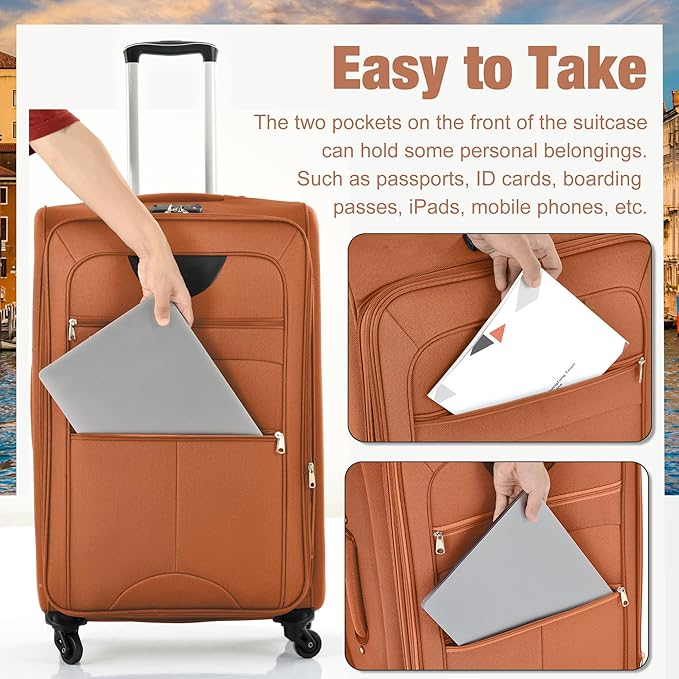Merax Softside Luggage Set Softshell Lightweight 3 Piece Spinner Suitcase with Duffel Bag Expandable Upright Travel Luggage 22" 26" 30",Orange