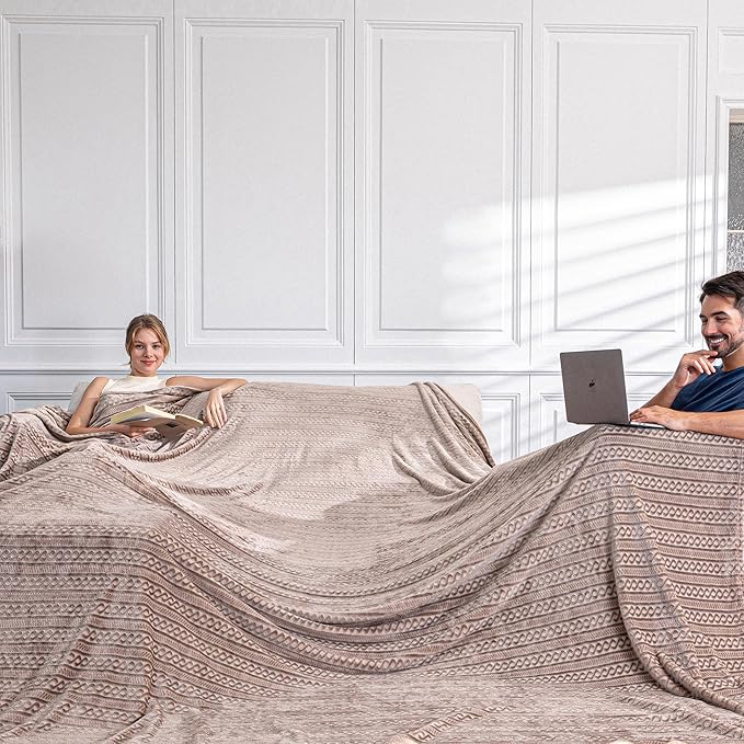 Soft Cozy 120x120 Inches Seamless Oversized King Fleece Blanket, 3D Jacquard Decorative Giant 10'x10' California King Blanket Extra Large for Bed, Sofa, Couch, Travel, Travel, Taupe Chain