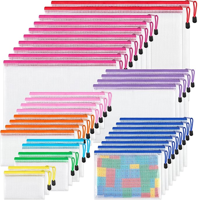JARLINK 36 Pack 8 Sizes Mesh Pouch, 9 Colors, Waterproof Zipper File Bags Document Multipurpose Travel Bags for Office, School, Board Game, Puzzles, Cosmetics, Travel Accessories, and Home Organize
