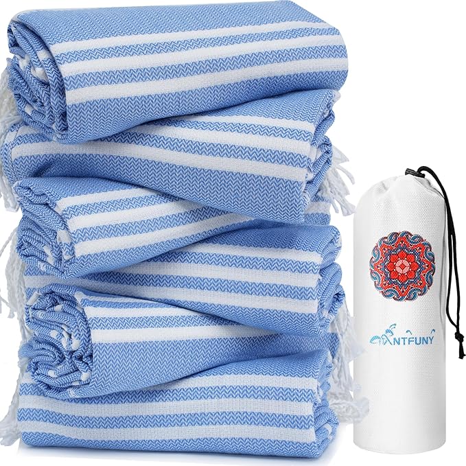 6 Pack Turkish Beach Towels Vacation Essentials with Bag Quick Dry Sand Free Soft Absorbent Adult Bath Pool Swim Long Wide Stripe Towel Cloud Linen Sandfree Mat Summer Thing Lightweight Travel Blue