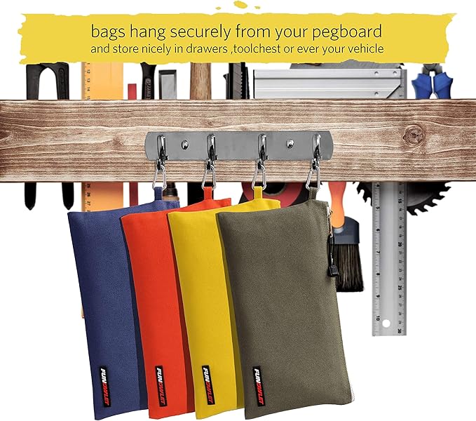 FunOwlet Utility Canvas Zipper Tool Bag - Heavy Duty Tools Pouch with Carabiner, Multi-Purpose Storage Organizer Clip on Tote Bags in Olive, Orange, Blue, Yellow, 4 Pack
