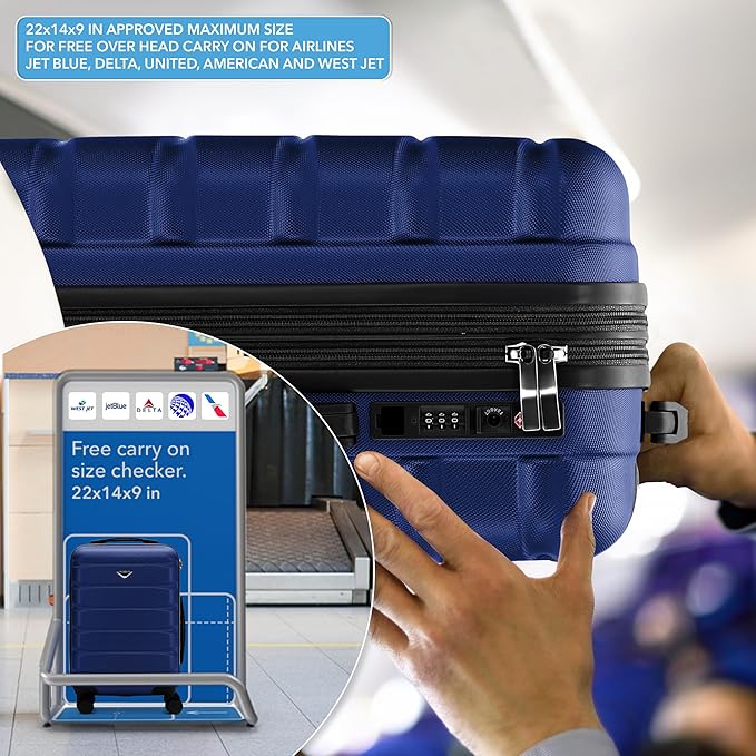 Flight Knight 22x14x9" Expandable Carry On Suitcase Hardside TSA Lock USB C Port Lightweight Luggage Silent Double Spinner Wheels Maximum Overhead Carry-On Bag For American & United Approved Airlines