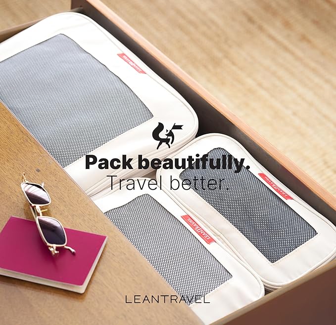 LeanTravel Premium Compression Packing Cubes for Travel - Suitcase Organizer Bags with Double Zipper & Breathable Mesh Panel - Space Saving Carry On Luggage Essentials (6-Pack, Sand)
