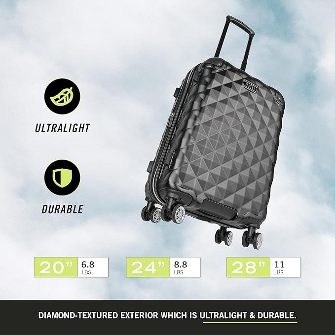 Kenneth Cole REACTION Diamond Tower Collection Lightweight Hardside Expandable 8-Wheel Spinner Travel Luggage, Black, 20-Inch Carry On