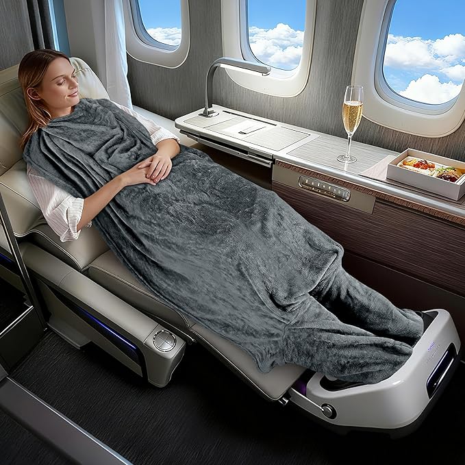 Tirrinia Travel Portable Blanket with Feet Pocket Airplane Office Poncho 4 in 1 Zippered Front Pocket Premium Cozy Fleece Blankets with Built-in Bag