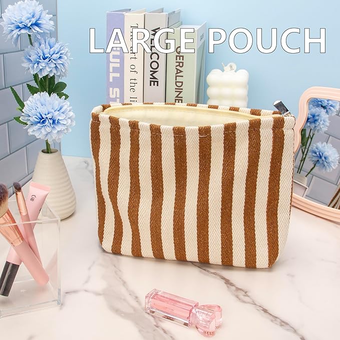 PAZIMIIK Makeup Bag Large Cotton Zipper Pouch for Purse Travel Canvas Make Up Organizer for Women Cosmetic,Stripe Coffee