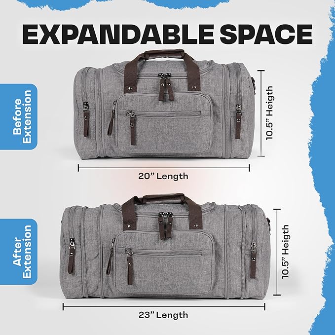 Duffle Bag for Travel 20–23” Expandable (40L) – Lightweight Water-Resistant Carry On Weekender with Multiple Pockets & Shoulder Strap – Airline Approved Travel Duffel Bags for Men & Women - GRAY