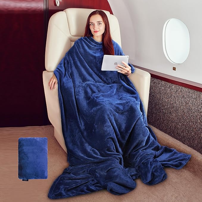 Tirrinia Travel Blanket Pillow - Wearable Airplane Blanket with Feet Pockets for Long Flights, Airplane Accessories Blanket Robe for Women and Men, Gift for Her