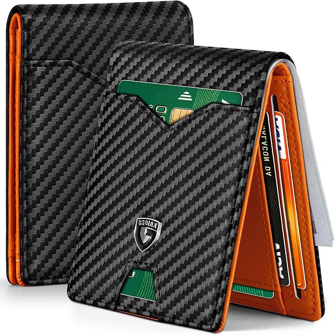 GSOIAX Slim Wallet for Men Rfid Blocking Leather Bifold Front Pocket Carbon Fiber Credit Card Holder Novelty Wallets With Gift Box (Carbon Black and Orange)