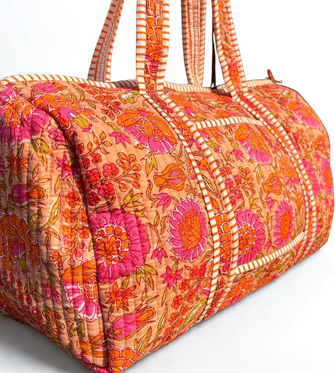 Large Orange Pink Cotton Quilted Duffle Bags Block Print Gifts Handmade Colorful Travel Night Travel Gym Yoga Luggage Pocket 18X9X9 inches