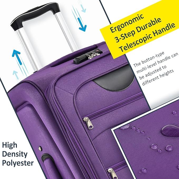 3 Piece Softshell Expandable Luggage Sets, Lightweight Travel Suitcase Set with TSA Lock and 360°Swivel Spinner Wheels, Durable Softside Luggage for Men Women, 22 in/26 in/30 in, Purple