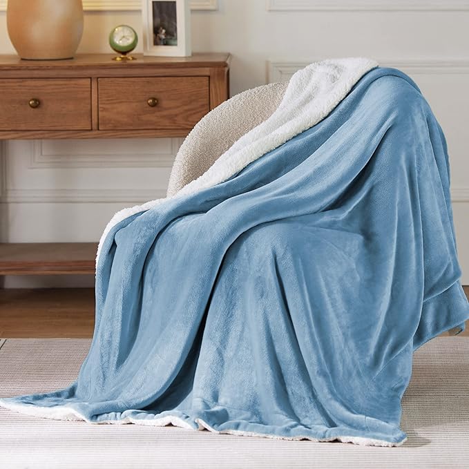 Bedsure GentleSoft Sherpa Fleece Throw Blanket for Couch, Non-Heated, Thick and Warm Throw for Women and Men, Soft Fuzzy Plush Blanket for Winter, Washed Blue, 50x60 Inches