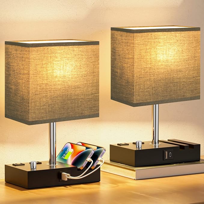 Black Bedside Table Lamps Set of 2 - Dimmable, USB C+A, 2 AC Outlets | Dimming By Rotary Knob, USB C+A Ports, 2 Phone Stands, LED Bulbs Included, Rectangle Black Lampshade, for Living Room, Desk