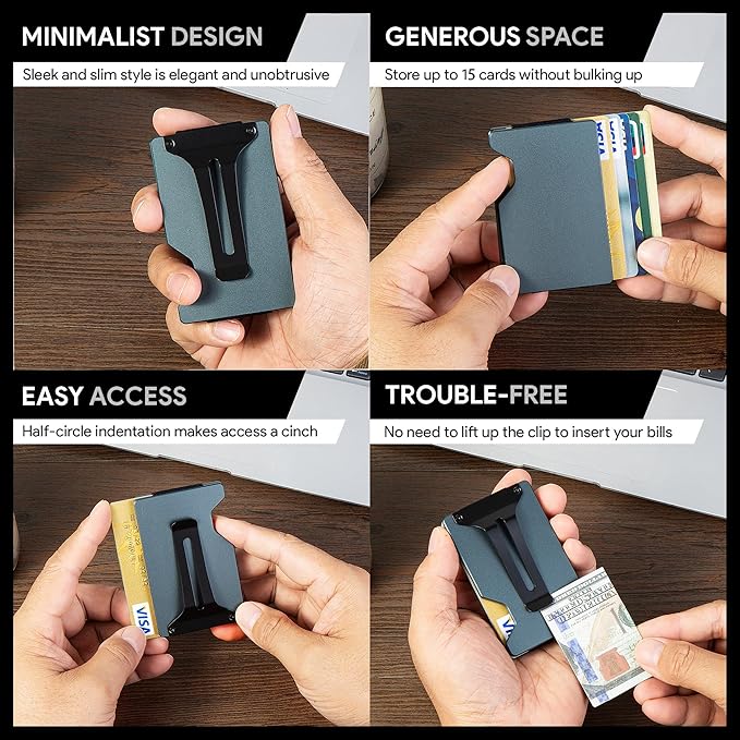 Carbon Fiber Minimalist Wallet for Men Credit Card Holder Money Clip & Cash Strap Slim RFID Mens Wallets(Matte Grey)